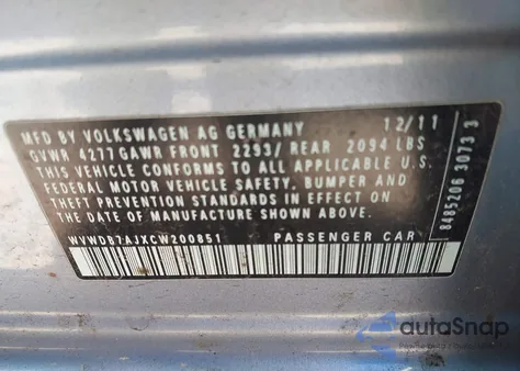 2012 Volkswagen Golf 2.5L 4-Door из США, поврежденный, VIN WVWDB7AJXCW200851